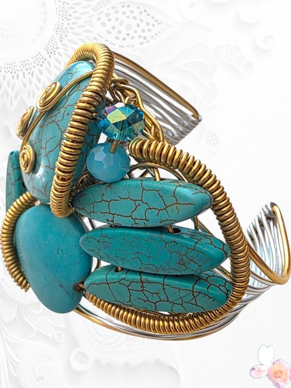 Vintage Artisan Wire Wrapped Turquoise Stone Cuff Bracelet Adjustable Boho